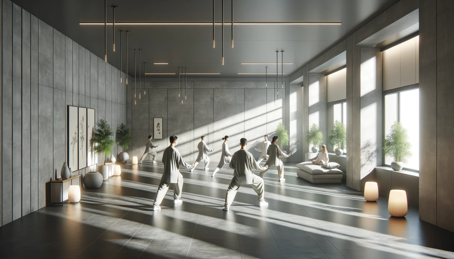 Modern Qi Gong session in a spacious wellness studio with gray walls and floors, natural light, and minimalistic decor at CGW Studios.