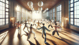 Diverse group of individuals practicing Holistic Wellness with Qi Gong in a spacious, well-lit studio at CGW Studios, with natural light streaming in through large windows, surrounded by minimalistic decor and natural elements. 